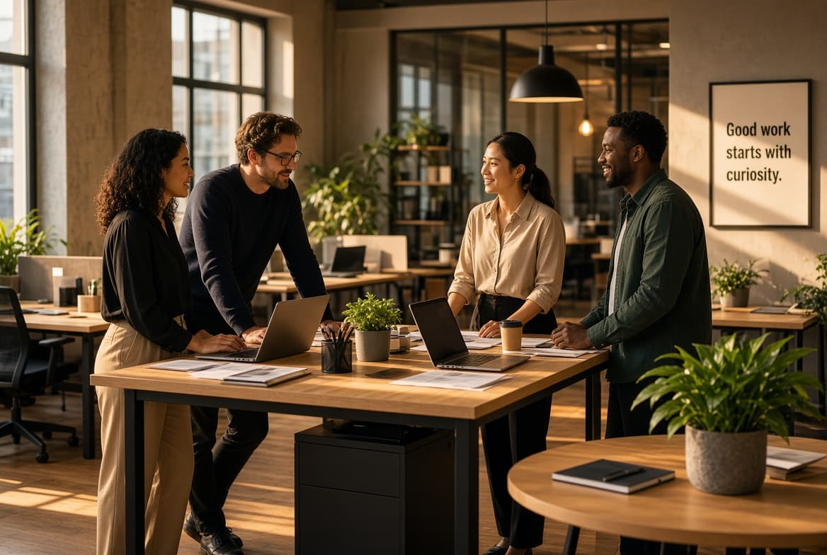 Full-bleed — the team at work, warm-graded